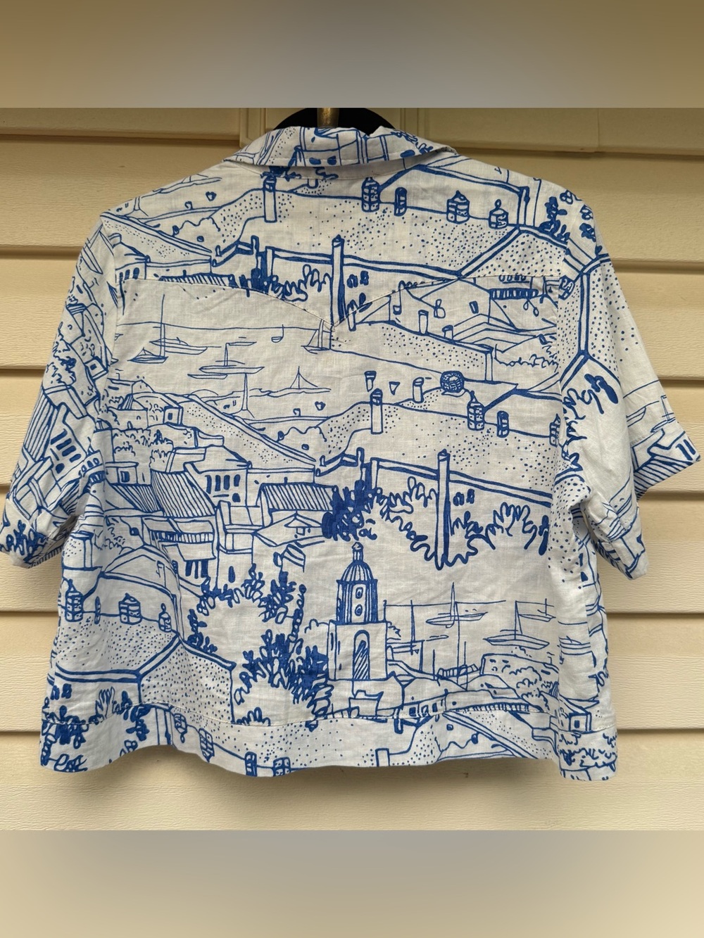 Calypso St,Barth Linen Blend Toile Coastal Croo top Shirt Blue White Size Large - Picture 8 of 9